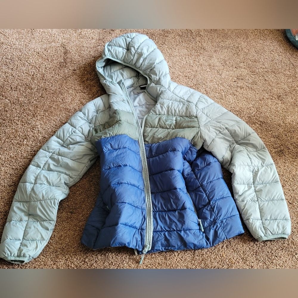 Reebok‎ Hooded Puffer Jacket Mens M Blue Grey Full Zip Layered Jacket Coat